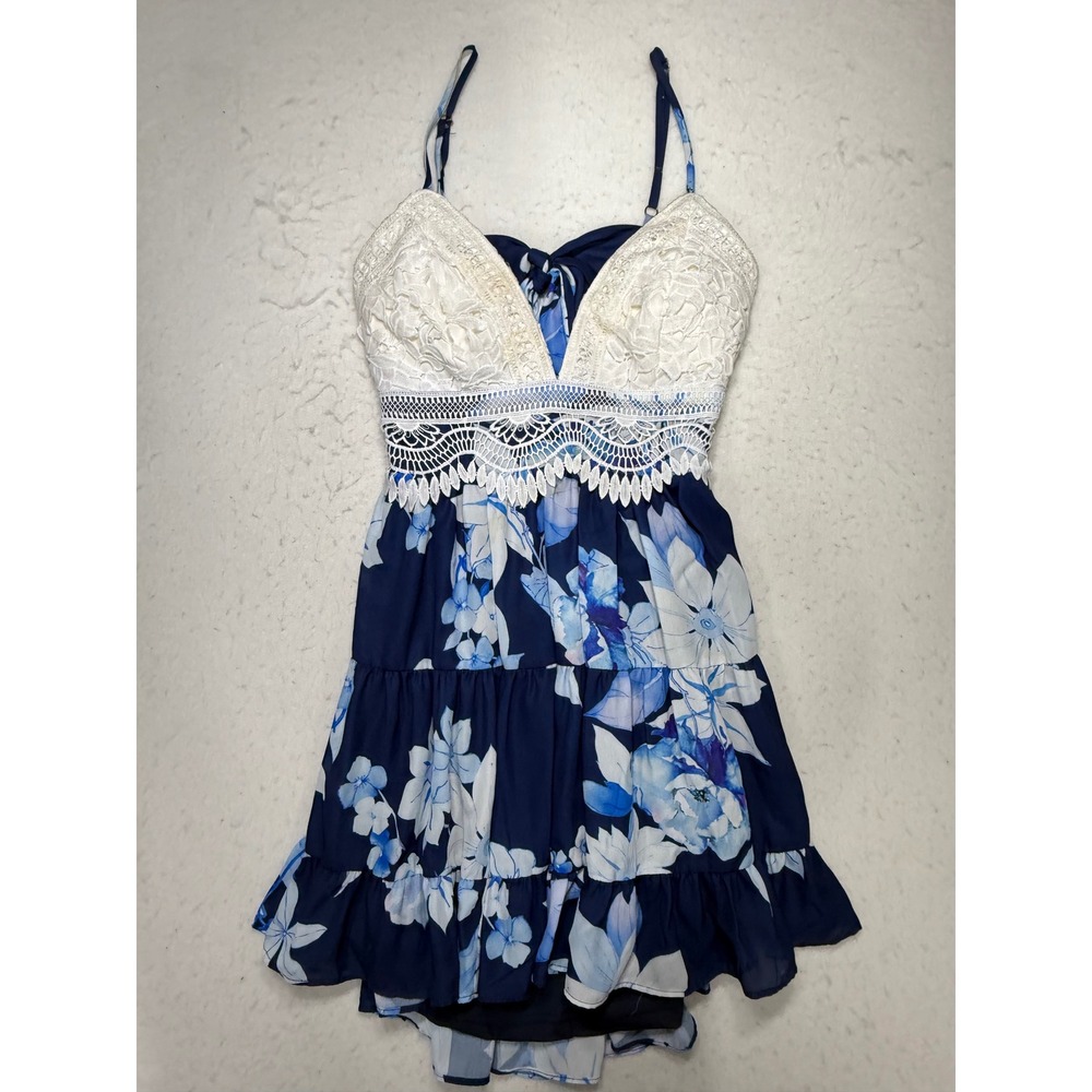 Chicways Womens Navy Blue Floral Crochet Lace Tie Back Mini Dress Medium